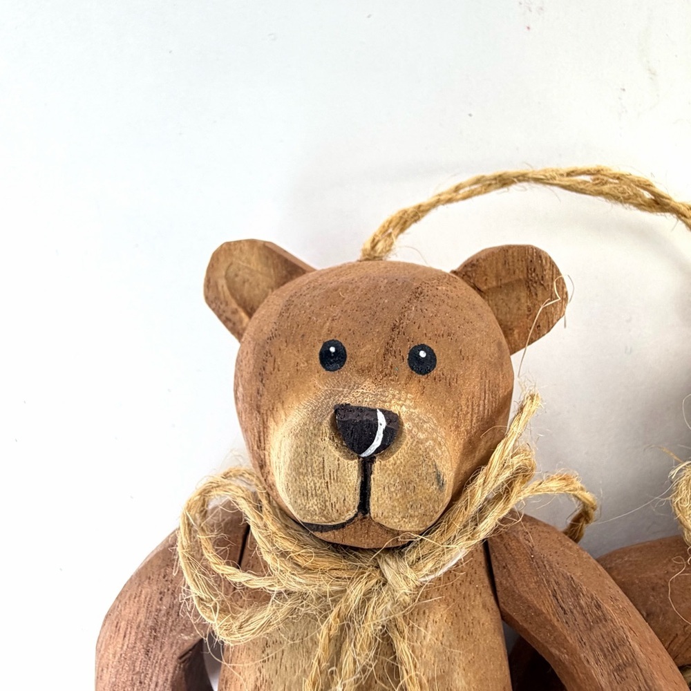 Rustic Wood Teddy Bear Ornaments Set 3 Farmhouse Cottage Decor - Picture 5 of 12